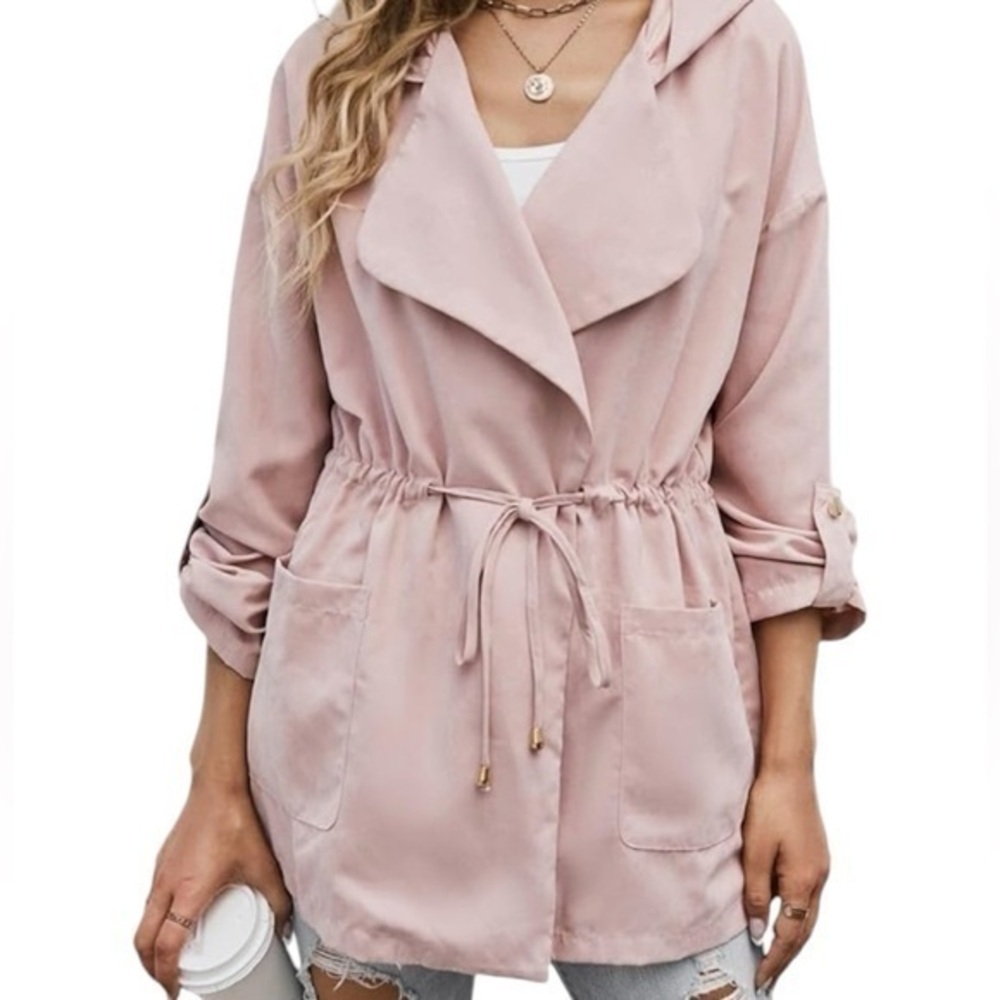 Shein Fall Jacket Long Sleeve Roll Tab Sleeve Drawstring Waist Hooded Coat Small